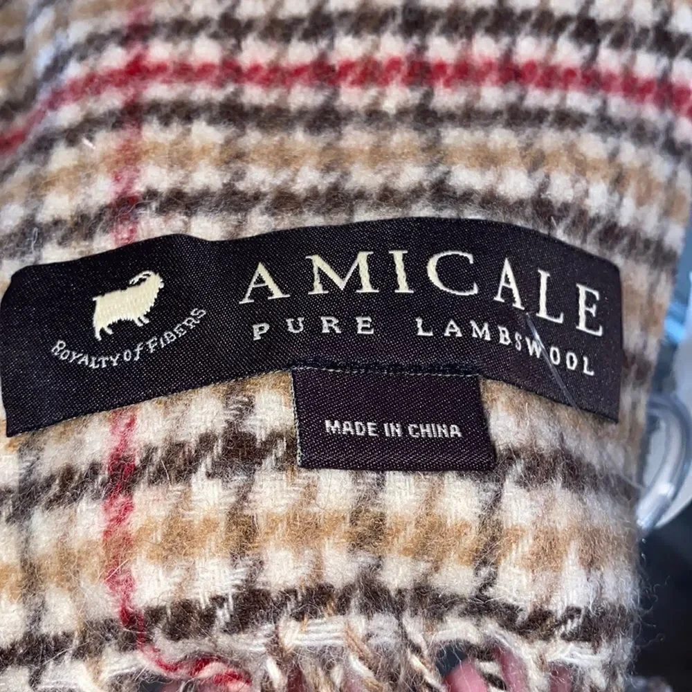 AMICALE Lambswool Tan Plaid Scarf